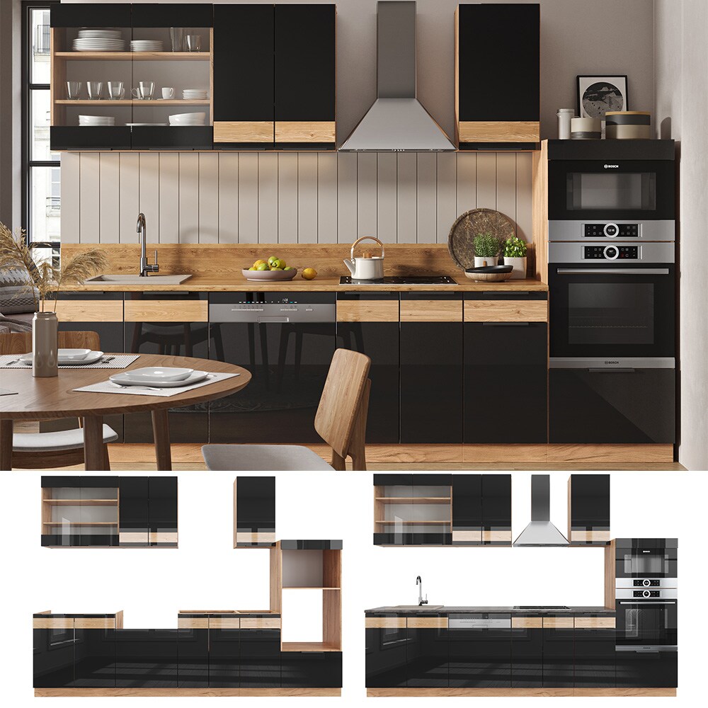 Vicco Küchenzeile Küchenblock Einbauküche Fame-Line Eiche Schwarz 300 cm modern Hochglanz Küchenschränke Küchenmöbel