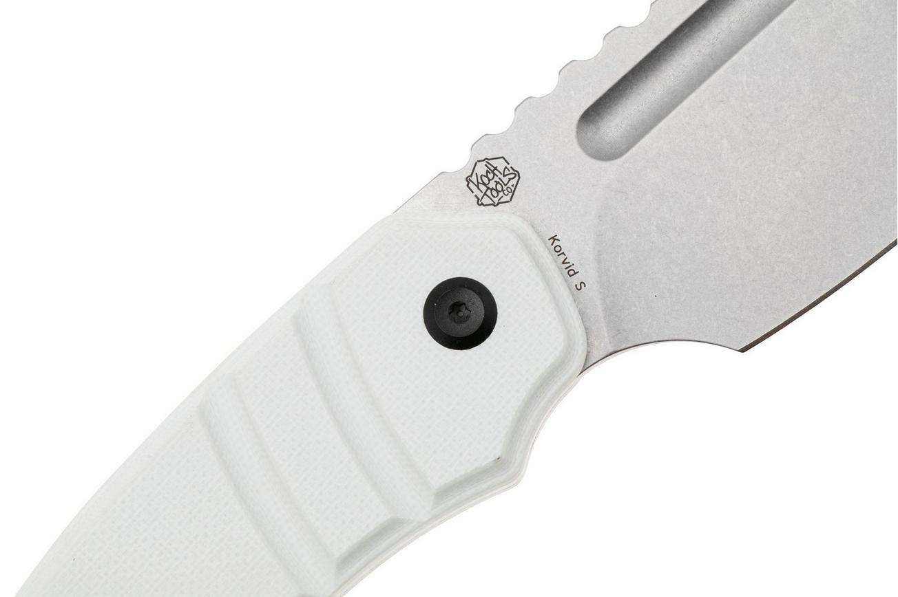 Kansept Korvid S G2030A2 Stonewashed 14C28N, White G10, vaststaand mes, Justin Koch design