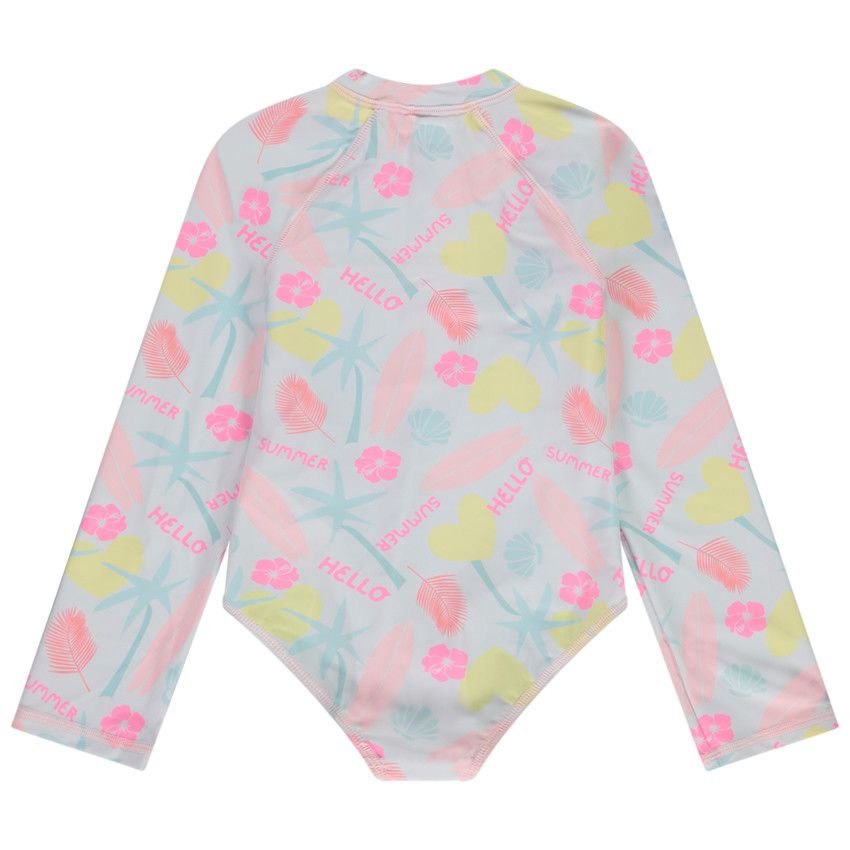 Maillot de bain 1 pièce anti-UV imprimé exotique pour fille - Blanc