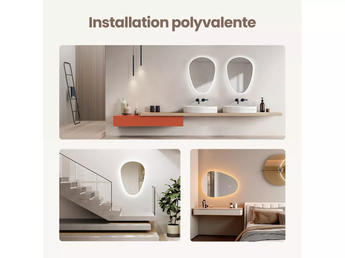 EMKE Miroir Salle de Bain avec Éclairage, 70 x 50 cm, Miroir LED Asymétrique, Interrupteur Tactile, 3 Couleurs de Lumière Réglables, Miroir Anti-Buée