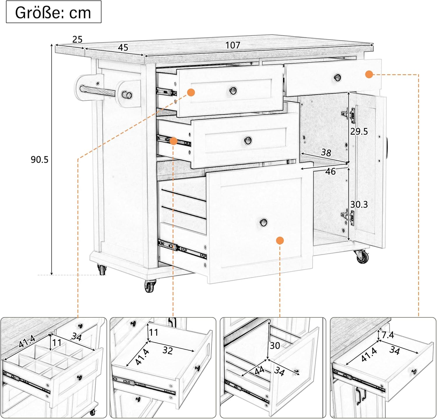 Küchenwagen mit 5 Rollen,Kücheninsel mit Klappbaren Arbeitsplatte,Küchenschrank mit 4 Schubladen,1 Doppeltür-Aufbewahrungsschrank,107 * 45(70)*90.5cm(L×W×H) Weiß