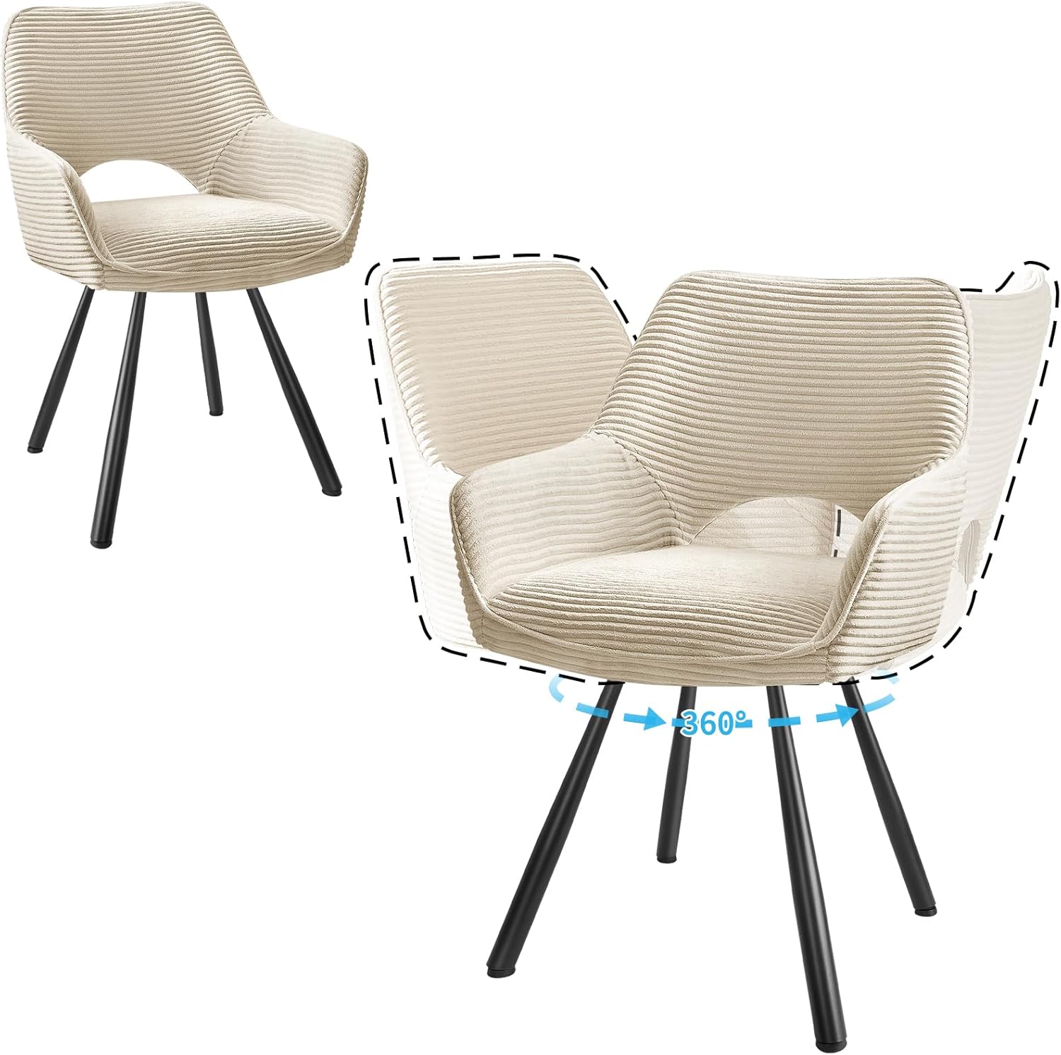 2er Set Esszimmerstuhl Drehbar mit Armlehne, Drehbar 360°, Küchenstuhl, Moderner Polsterstuhl mit Stoffrückenlehne für Küche, Esszimmer, Schlafzimmer, Beige
