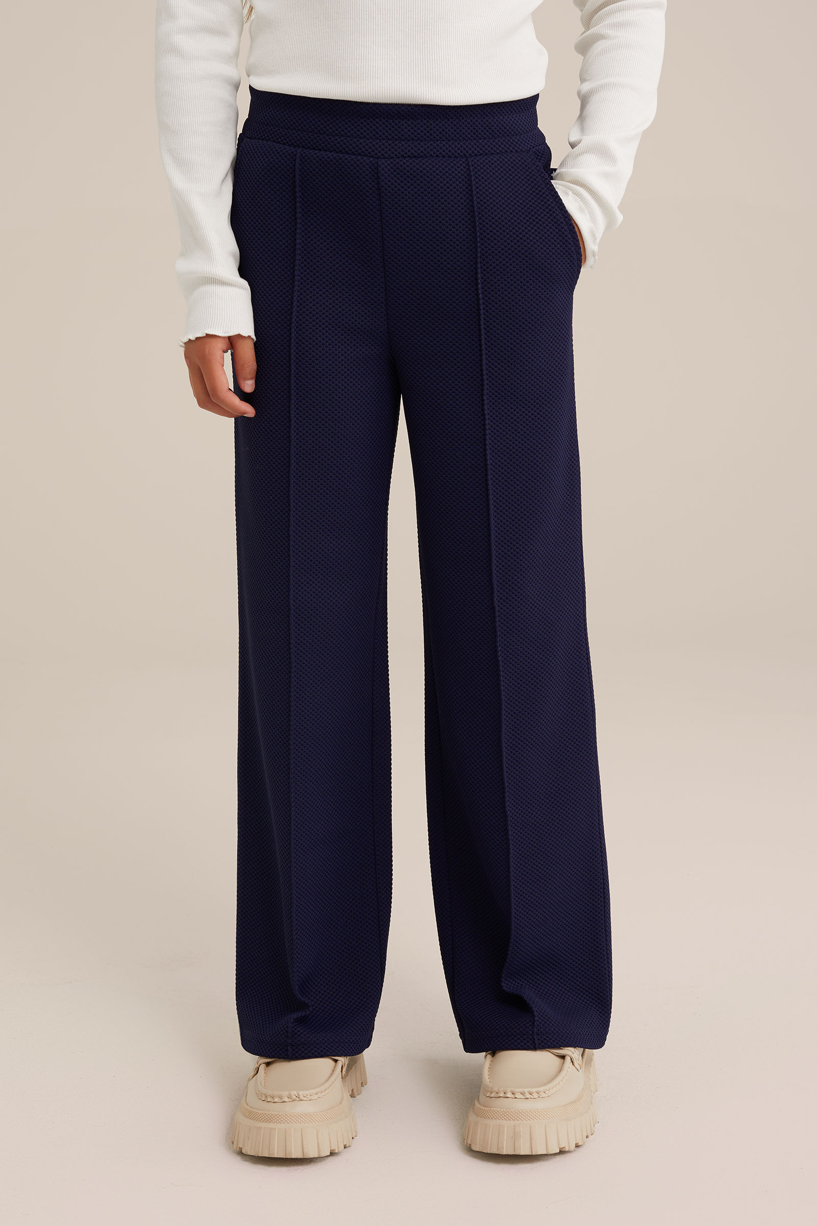 Meisjes straight fit broek met structuur WE Fashion Donkerblauw
