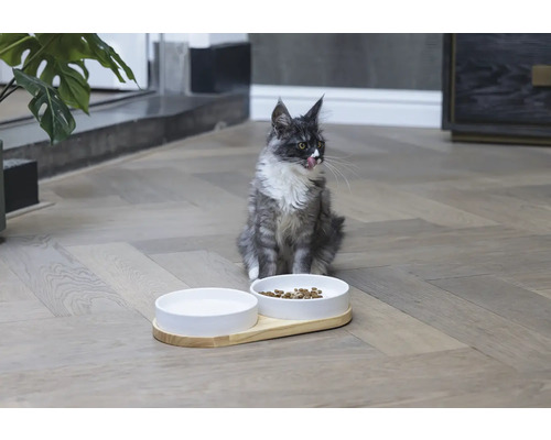 Dubbele kom ontworpen door Lotte, kattenservies, houten komstandaard ca. 34 x 17 x 5 cm met 2 keramische kommen, vaatwasserbestendig ca. 16 x 16 x 3,5 cm, elk 350 ml