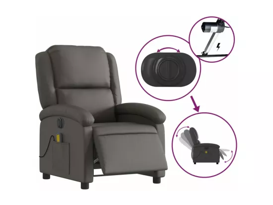 Fauteuil massant inclinable électrique gris cuir véritable