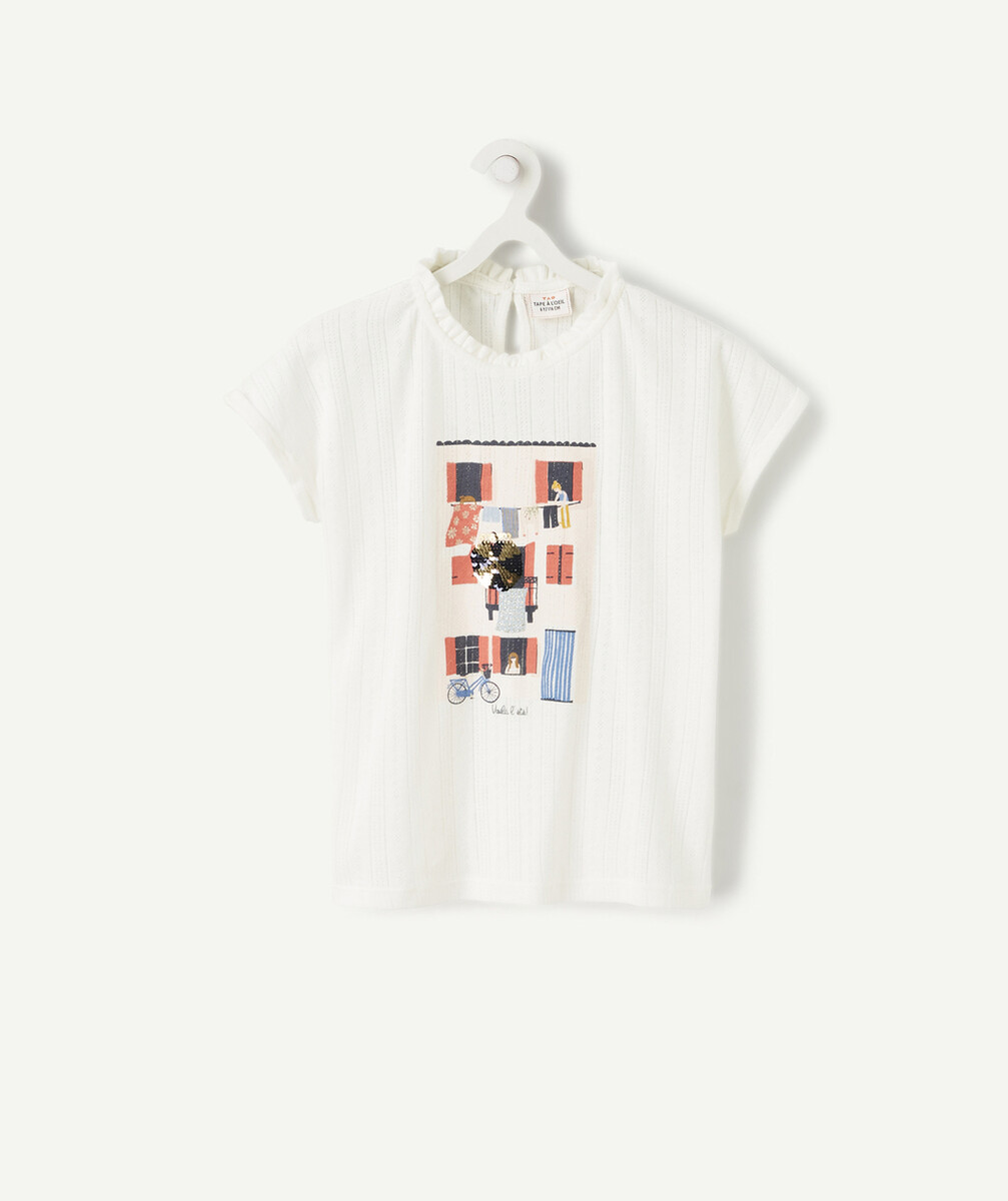 LE T-SHIRT AJOURÉ ÉCRU AVEC ANIMATION COLORÉ ET SEQUINS EN COTON