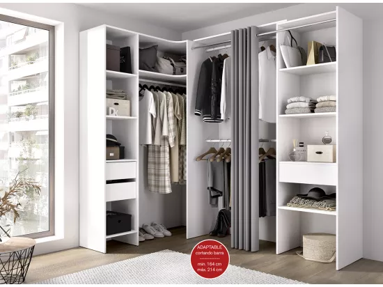 Kit armoire dressing d'angle extensible en bois mélaminé coloris blanc - Longueur 164-214 x Profondeur 141 x Hauteur 205 cm
