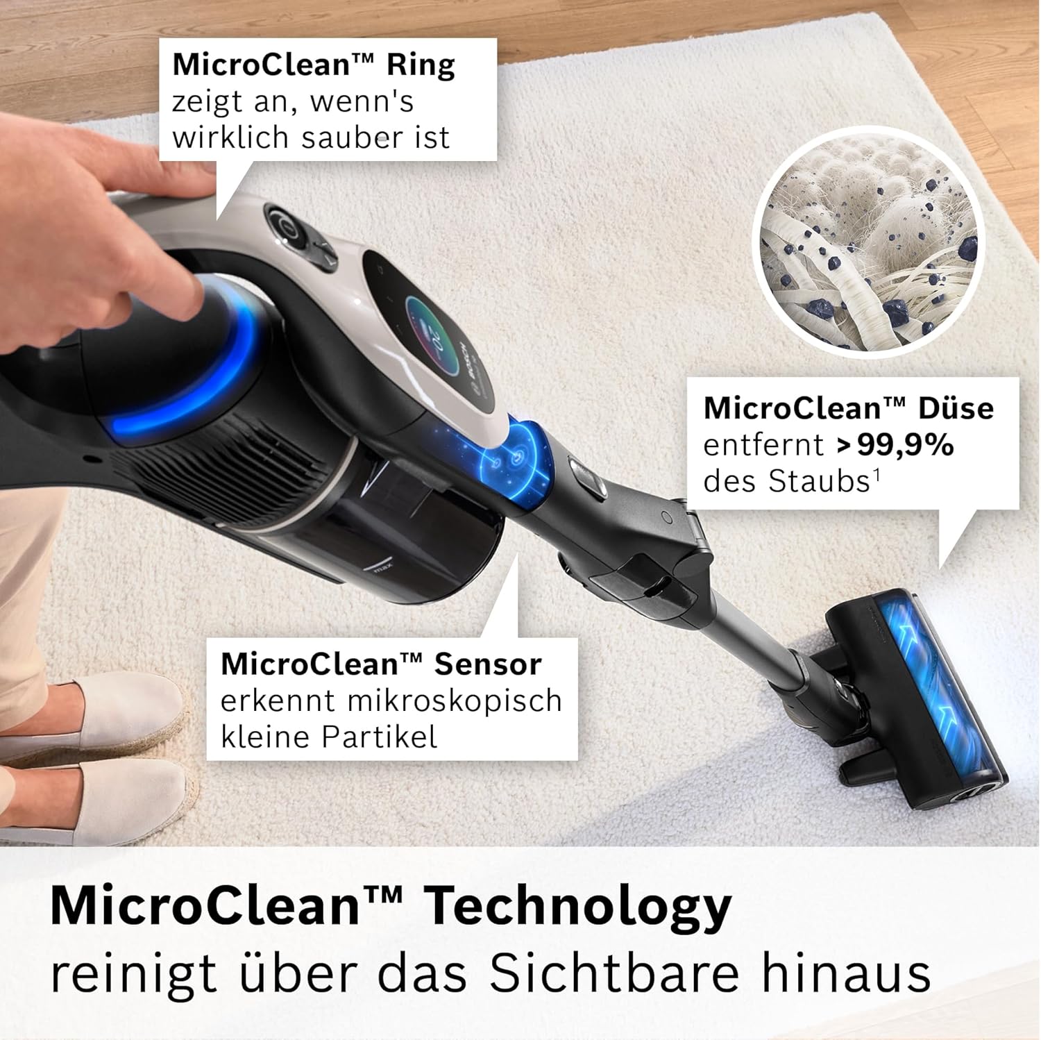 Bosch Akku-Staubsauger Unlimited 10 BKS1051GQC, kabellos, MicroClean Technology, TFT-Display, Staubkomprimierung, HEPA-Filtersystem, 10 J. Motorgarantie, 4 Ah Akku, LED-Licht, Schnellladegerät, grau