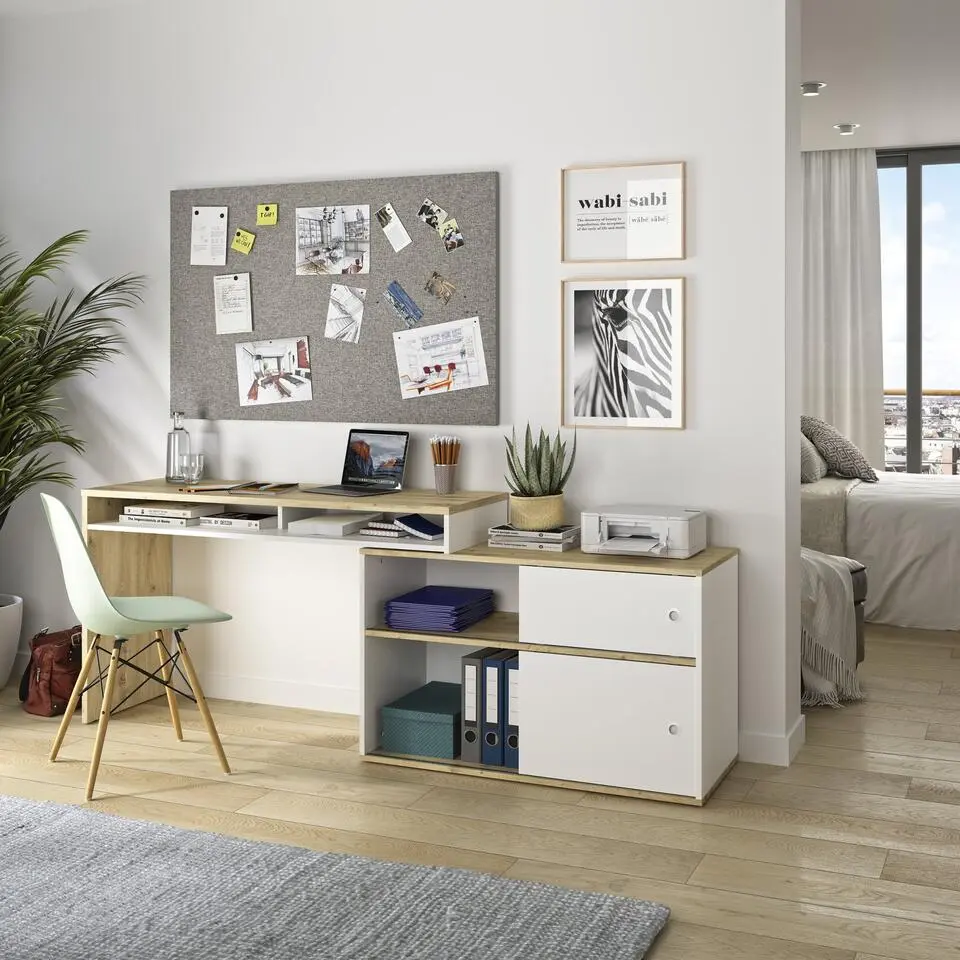 Diagone Bureau Modula - 6 posities - 2 Schuifdeuren - wit/eikenkleur