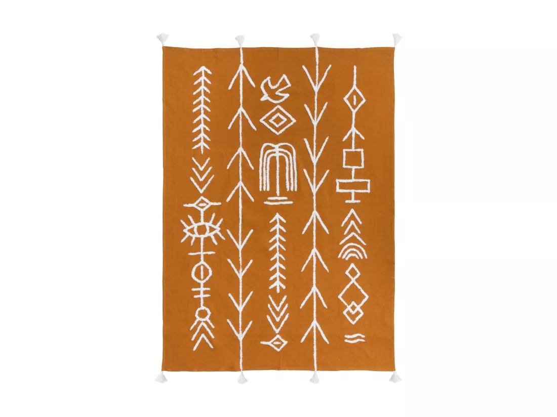 Jeté de lit en Coton Jaune Moutarde motifs Blanc tuftés avec Pompons 130 x 180 cm