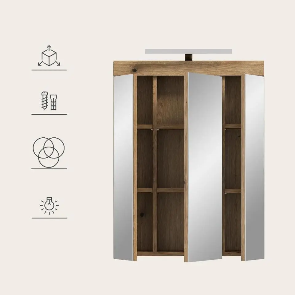 Hioshop Scout spiegelkast inclusief verlichting 3 spiegeldeuren eiken decor