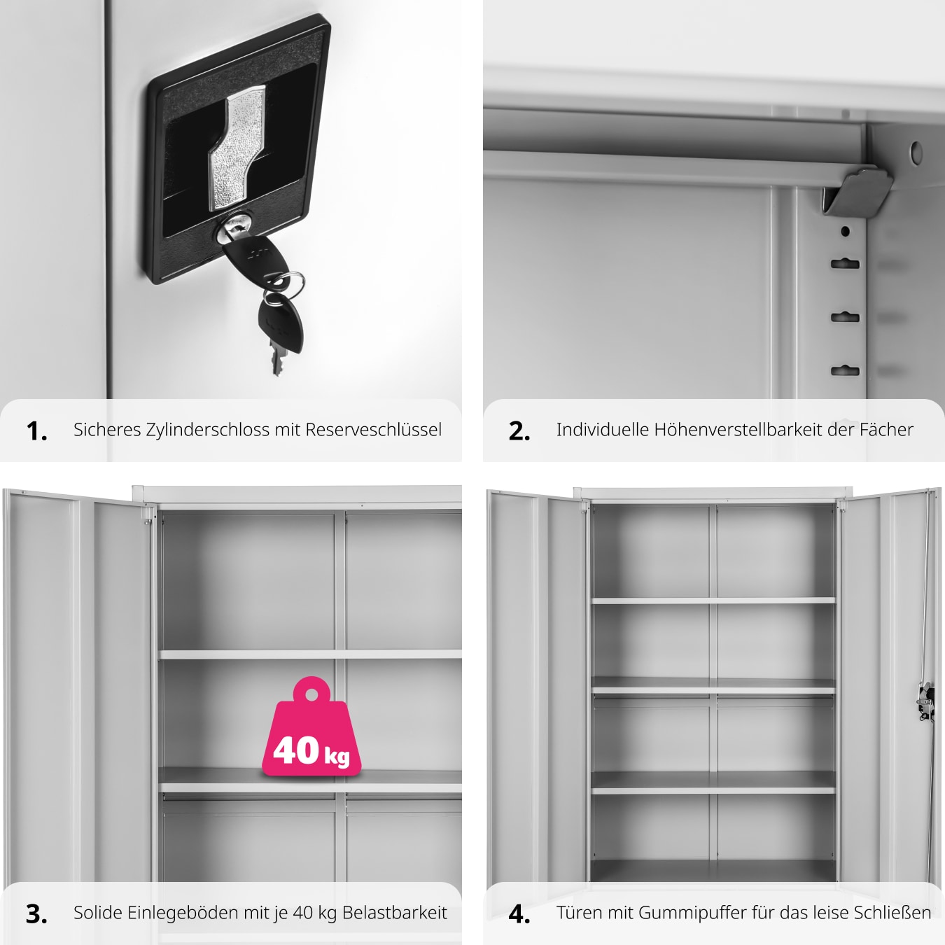 tectake® Aktenschrank, aus pulverbeschichtetem Stahl, 3 höhenverstellbare Einlegeböden, 140 x 90 x 40 cm