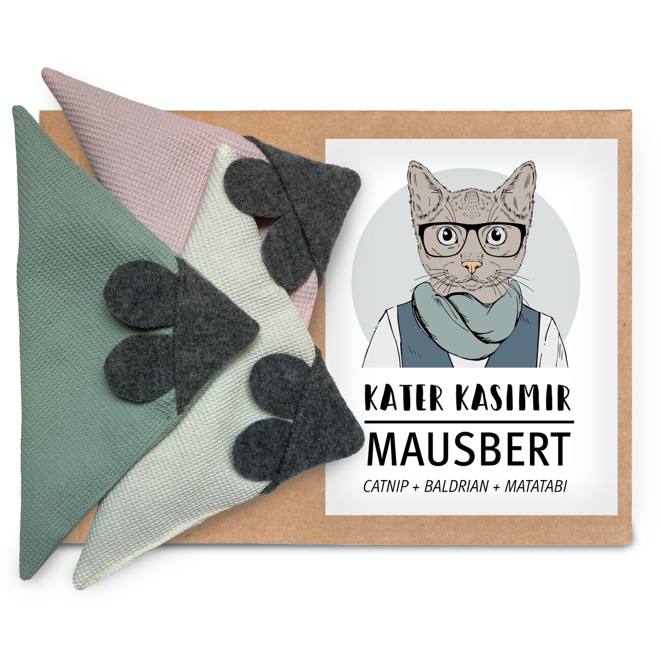Kater Kasimir 3 x Mausbert - Die 2-in-1 Spielmaus für Katzen, handgemacht aus BIO-Baumwolle mit Katzenminze-, Baldrian- und Matatabi-Füllung