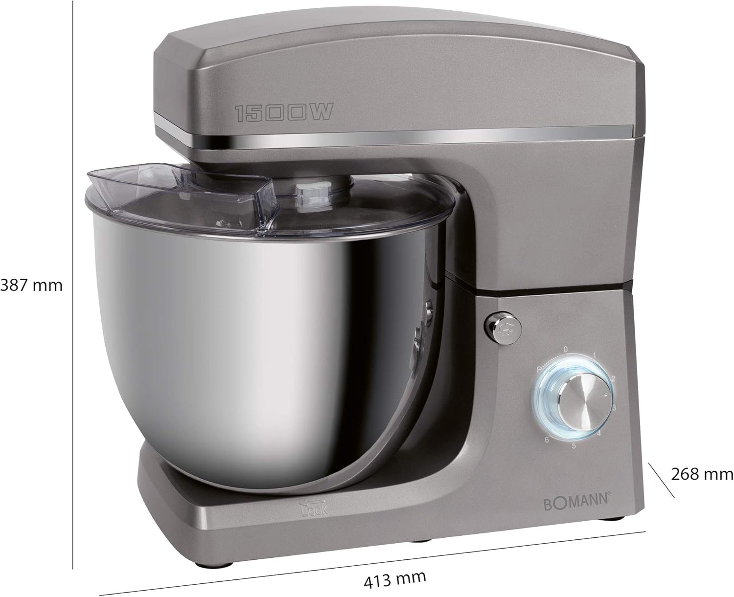 Bomann KM 6036 CB Robot pétrisseur 1500 W 8 vitesses Bol en acier inoxydable 10 l Capacité max. 6-6,5 kg Couvercle anti-éclaboussures avec ouverture de recharge Titane