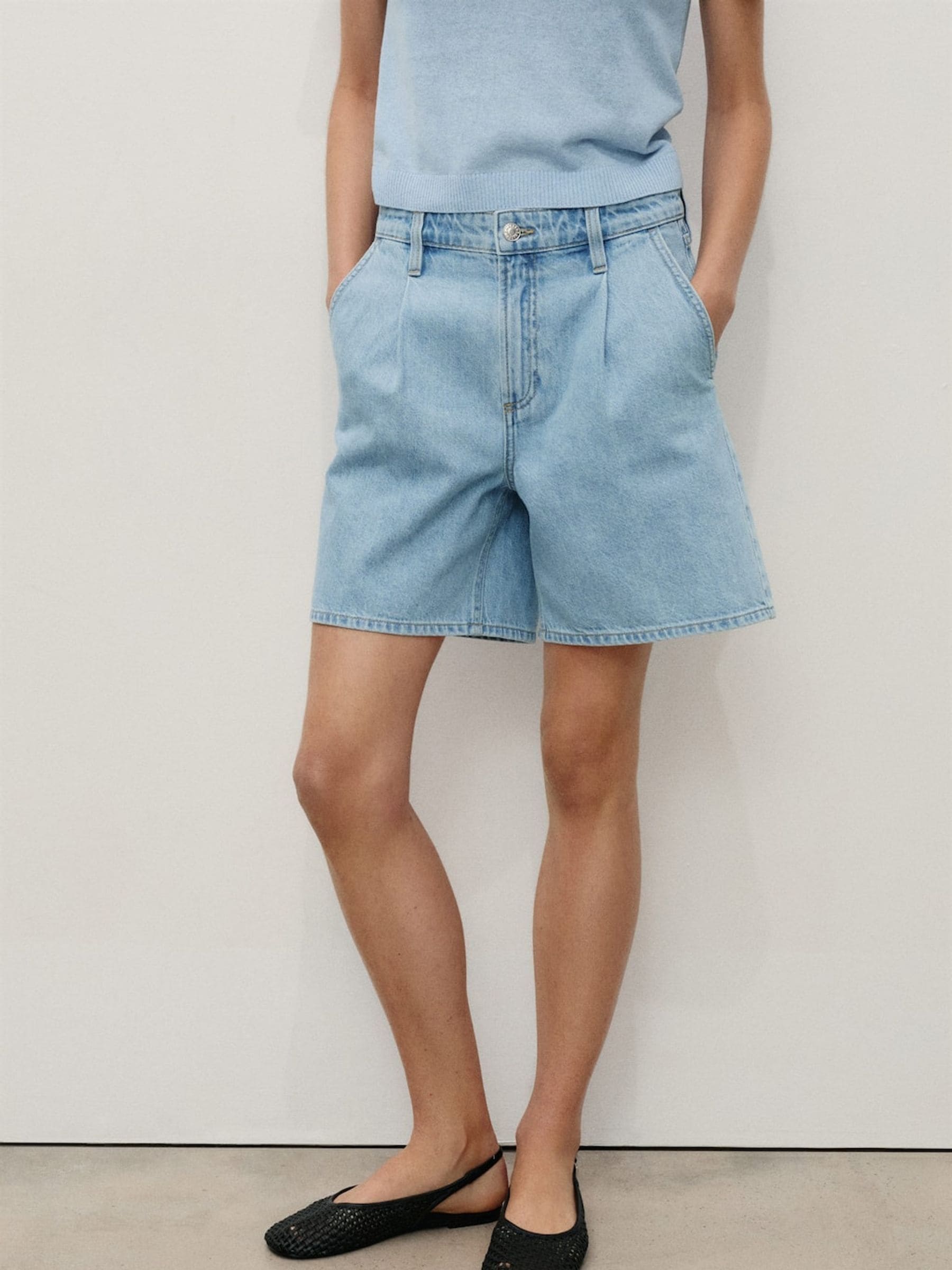 Mango Pleated Denim Bermuda Shorts