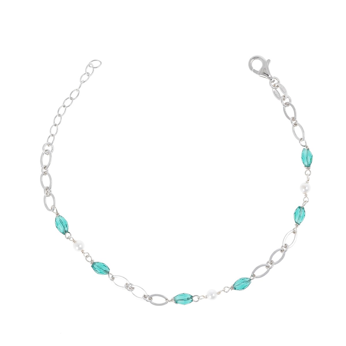Bracelet Argent rhodié pierres vertes imitation et chaîne maille forçat longueur réglable 16cm+3cm