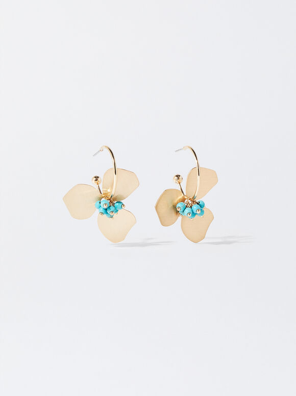 Brincos de argola com pedra e flor - Azul
