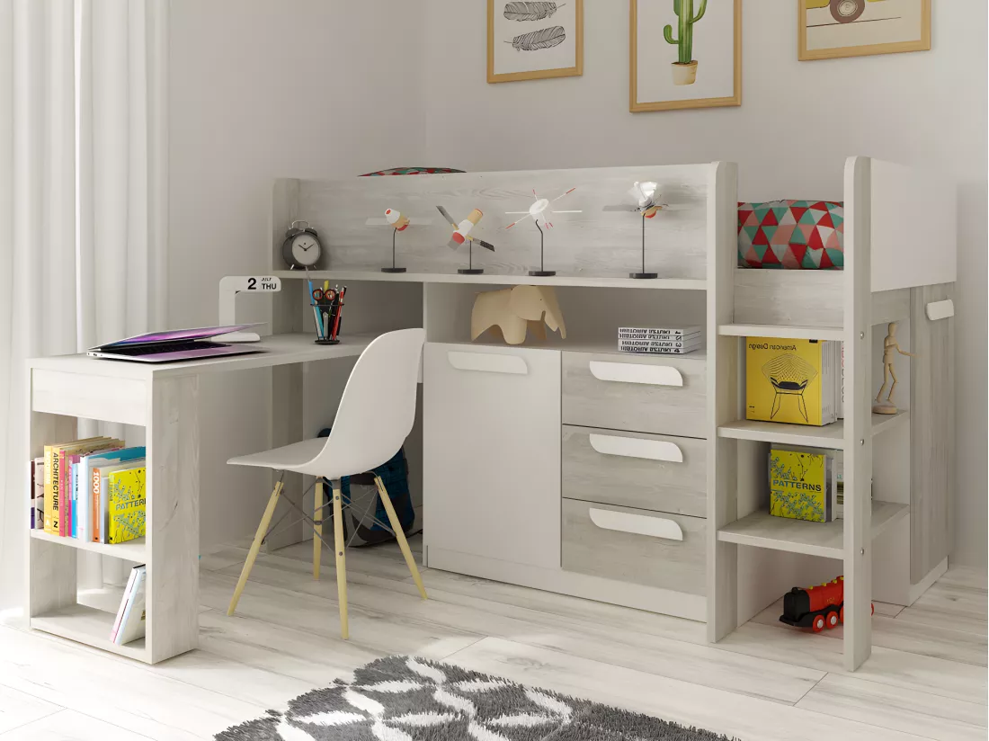 Lit combiné 90 x 200 cm - Avec bureau et rangements - Blanc et naturel - LOUKALA