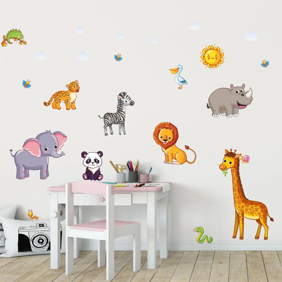Nikima Wandtattoo 080 Wandtattoo Tiere Kinderzimmer Elefant Löwe Giraffe bunt