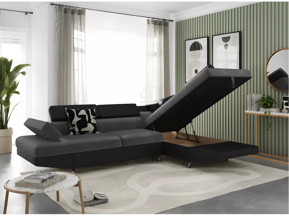 Canapé d'angle droit 5 places Rio Convertible avec coffre en microfibre et simili - Gris/Noir - L271 x P192 x H70cm - Loungitude