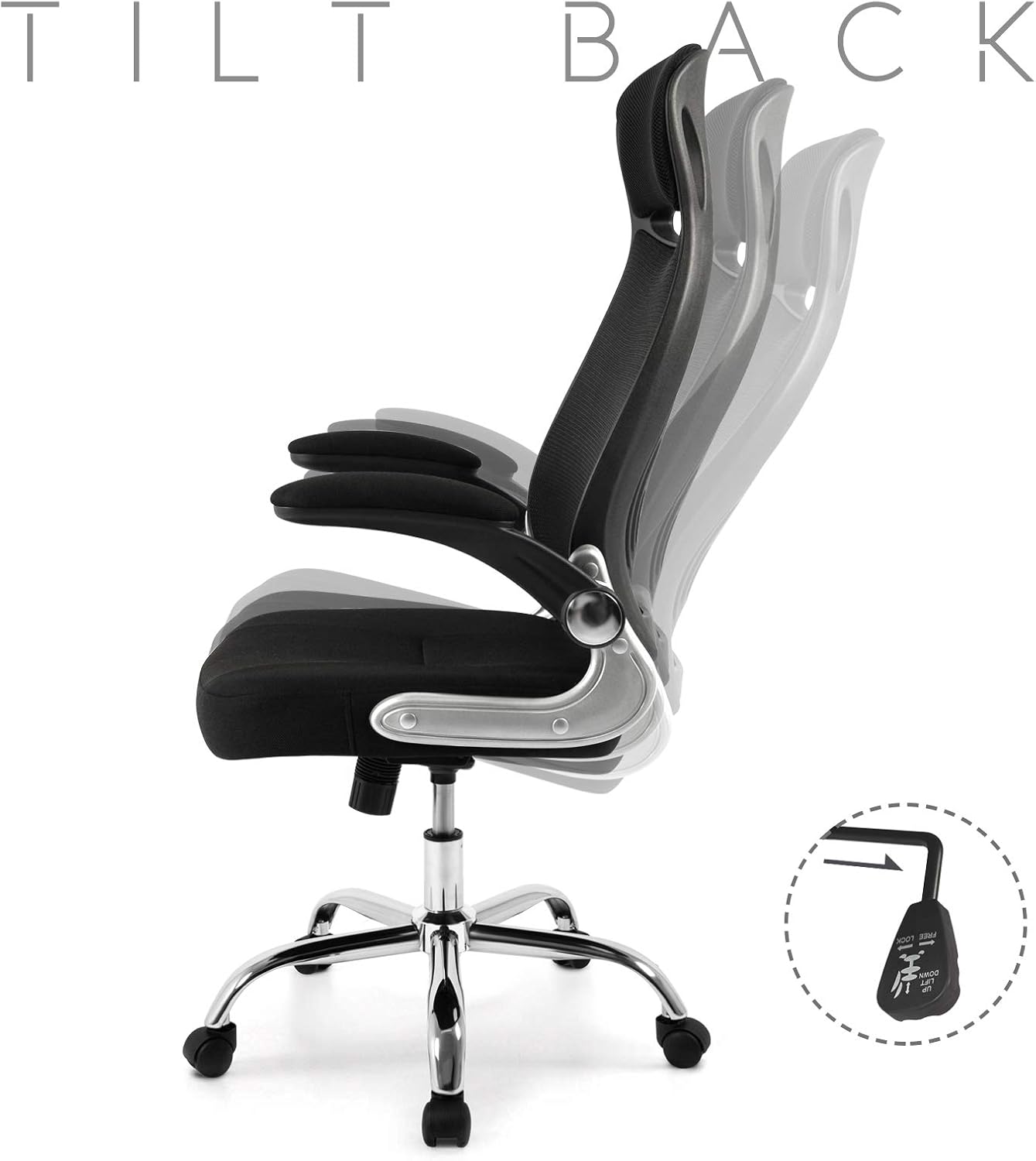 IntimaTe WM Heart Bürostuhl, Schreibtischstuhl Ergonomisch, Chefsessel mit Integrierter Kopfstütze, Klappbare Armlehnen, Wippfunktion, 64 x 64 x 127.5cm (Schwarz)