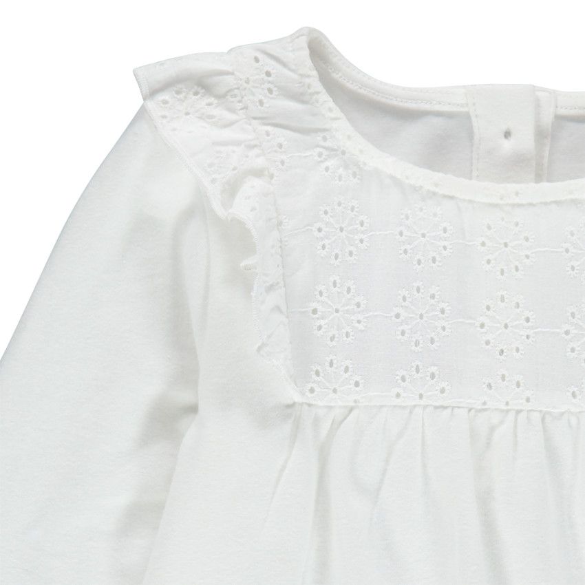 T-shirt manches longues à broderie anglaise et volants - Ecru