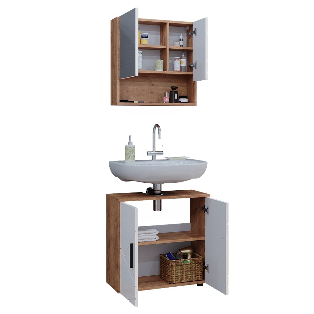 Vicco Badmöbelset Irma Eiche Weiß Hochglanz modern Badezimmerschrank Badschrank Badezimmermöbel Waschtischunterschrank Spiegelschrank Schranktür Schrankfach