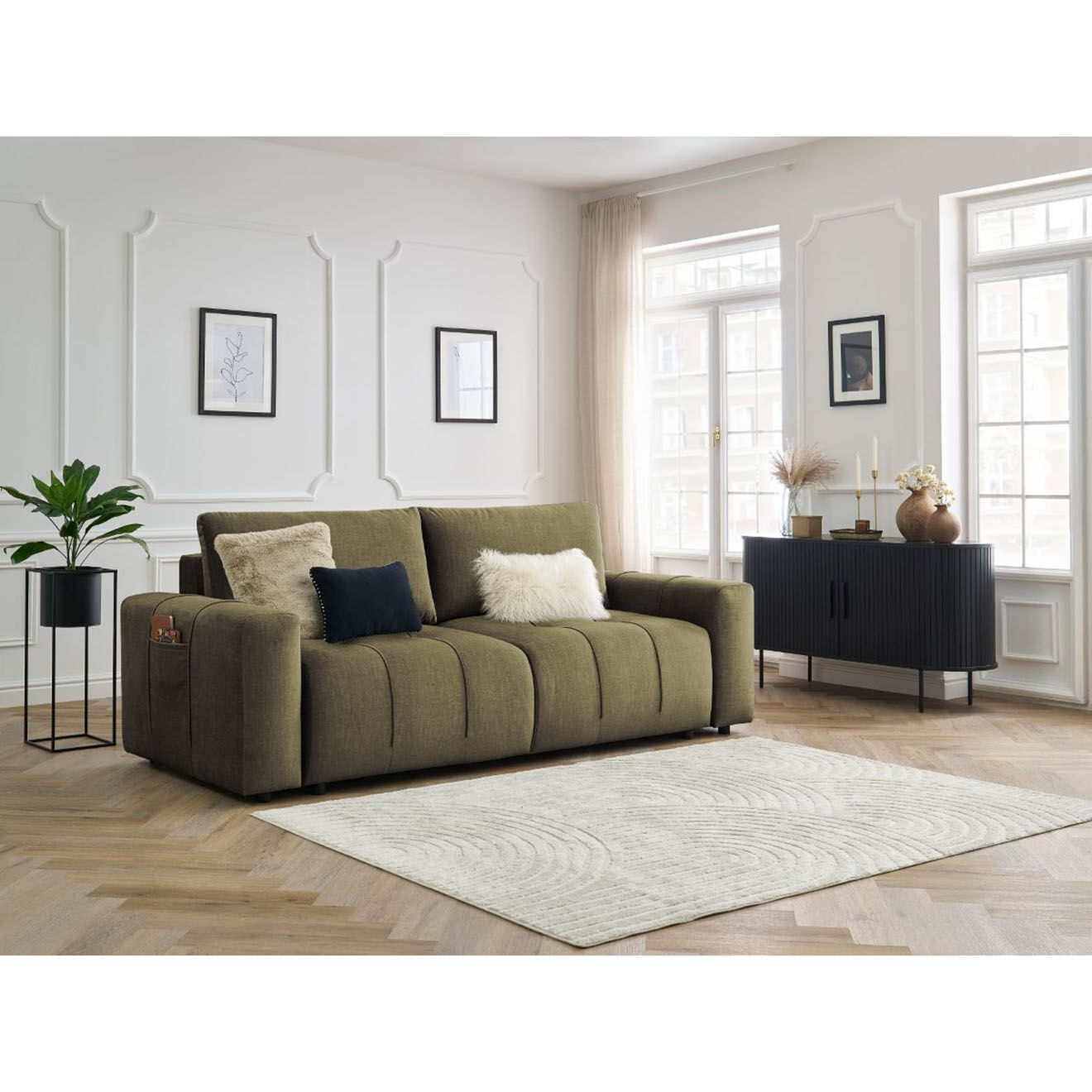 Bobochic Canapé droit convertible en Velours 3 places Arsène avec coffre vert - 248x105x90 cm