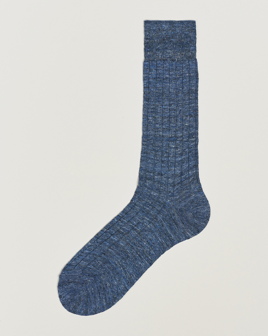 Bresciani Linen Ribbed Short Socks Blue Melange