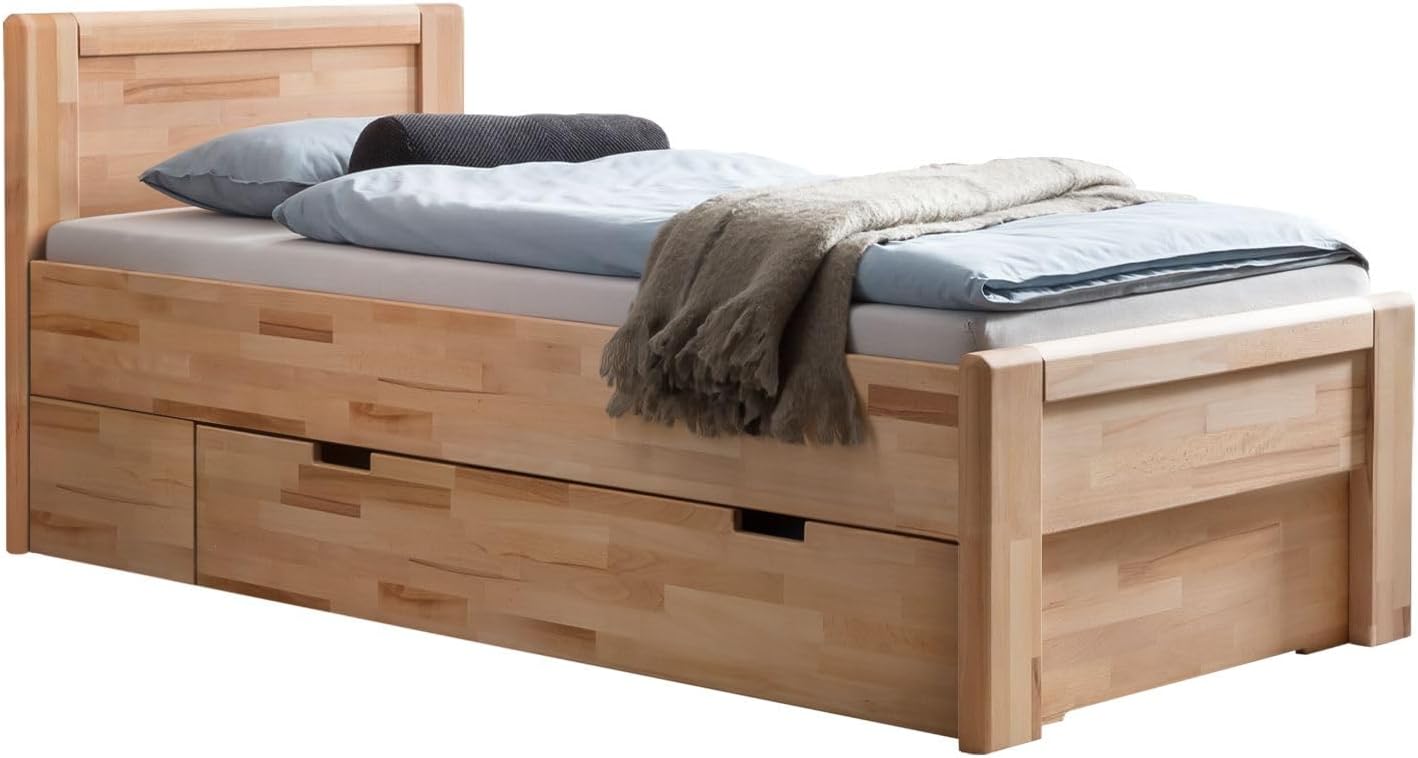 Ewen Seniorenbett Massivholzbett 100x200 cm mit Schubkasten Komforthöhe aus geölter Kernbuche, Natur, mit Auflageleisten, 48 cm Einstiegshöhe, Belastbarkeit: 160 kg, Bettgestell