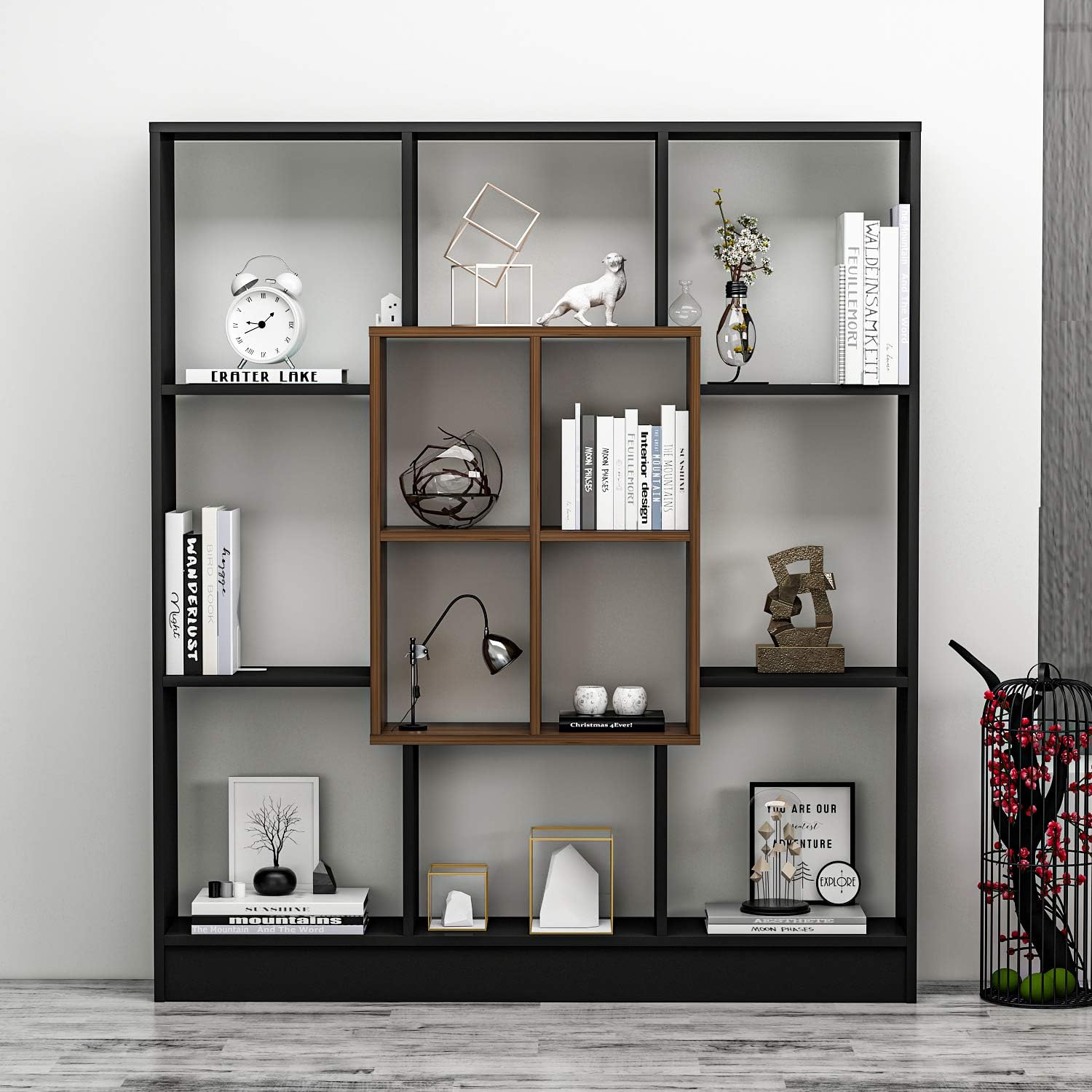 Homidea Mars Bücherregal - Standregal - Büroregal - Raumteiler in trendigem Design (Schwarz/Nussbaum)