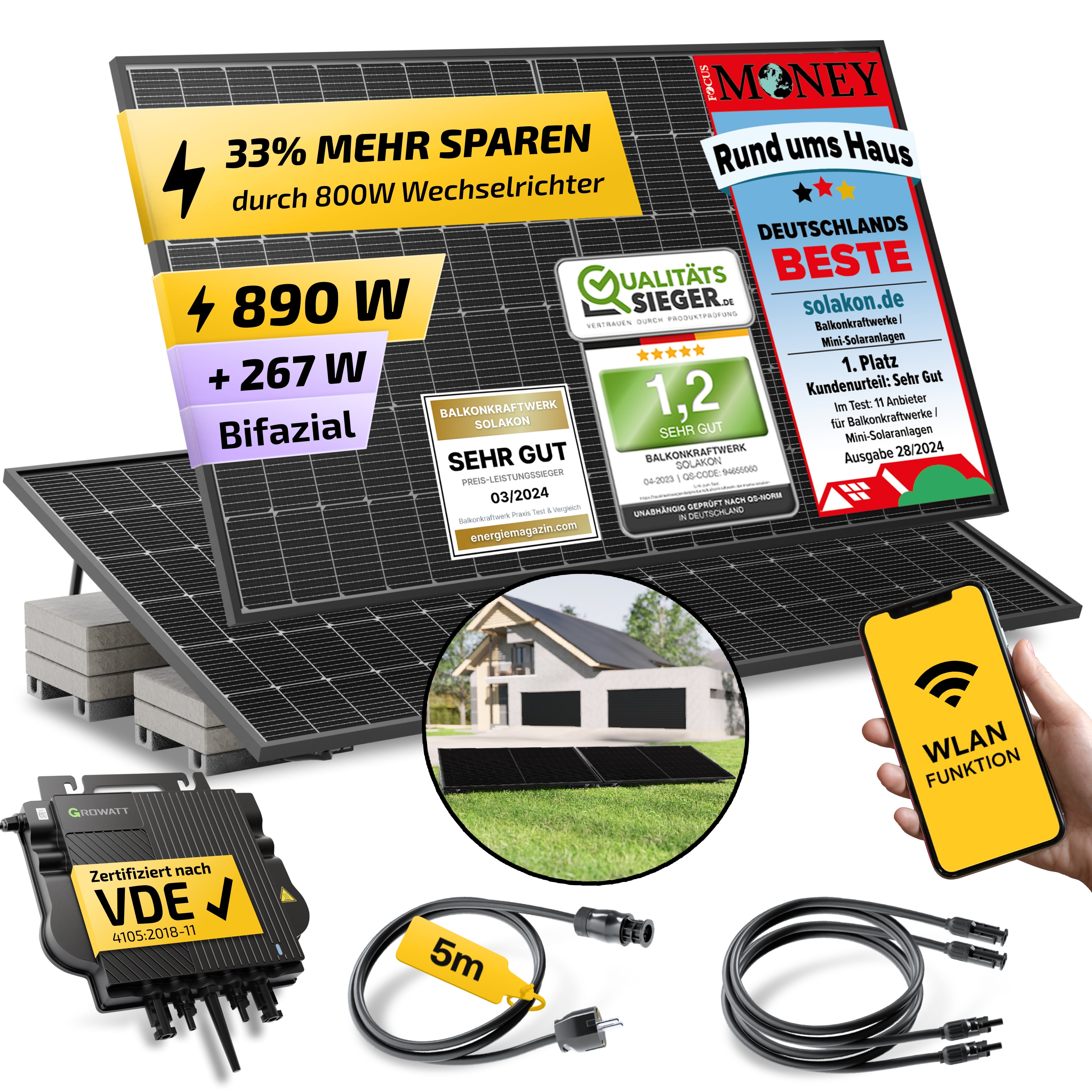 Balkonkraftwerk 890W/800W Solaranlage mit Garten Halterung Steckerfertig Komplettset Photovoltaik Anlage 800W, Kabellänge: 5m, Solakon - onLite