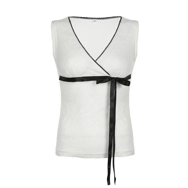 Honet - Tanktop met V-hals, strikceintuur en contrasterende kanten afwerking, slim fit