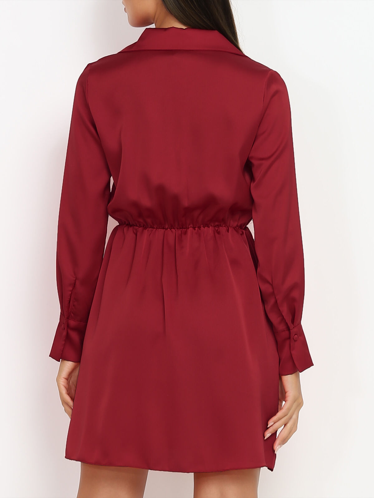 Robe satinée à col chemise- Bordeaux