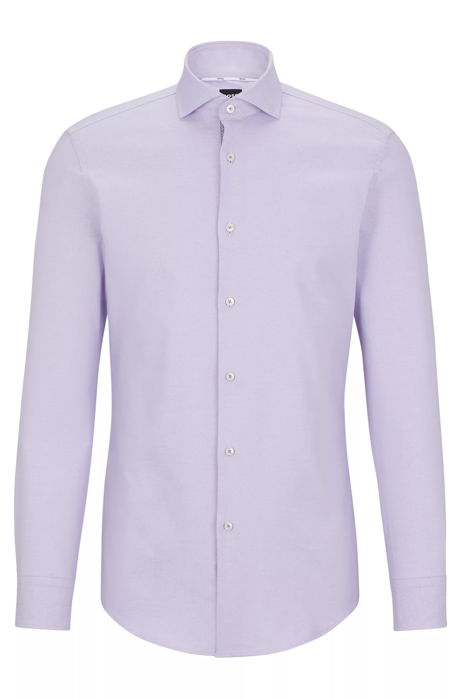 Camisa BOSS preta de corte slim, em sarja de algodão elástico de fácil passar.