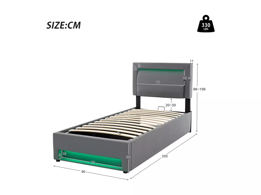 Lit coffre 90 x 200 cm avec tête de lit - Prises USB et LEDs - Cuir PU - Sommier à lattes - Gris(sans matelas)
