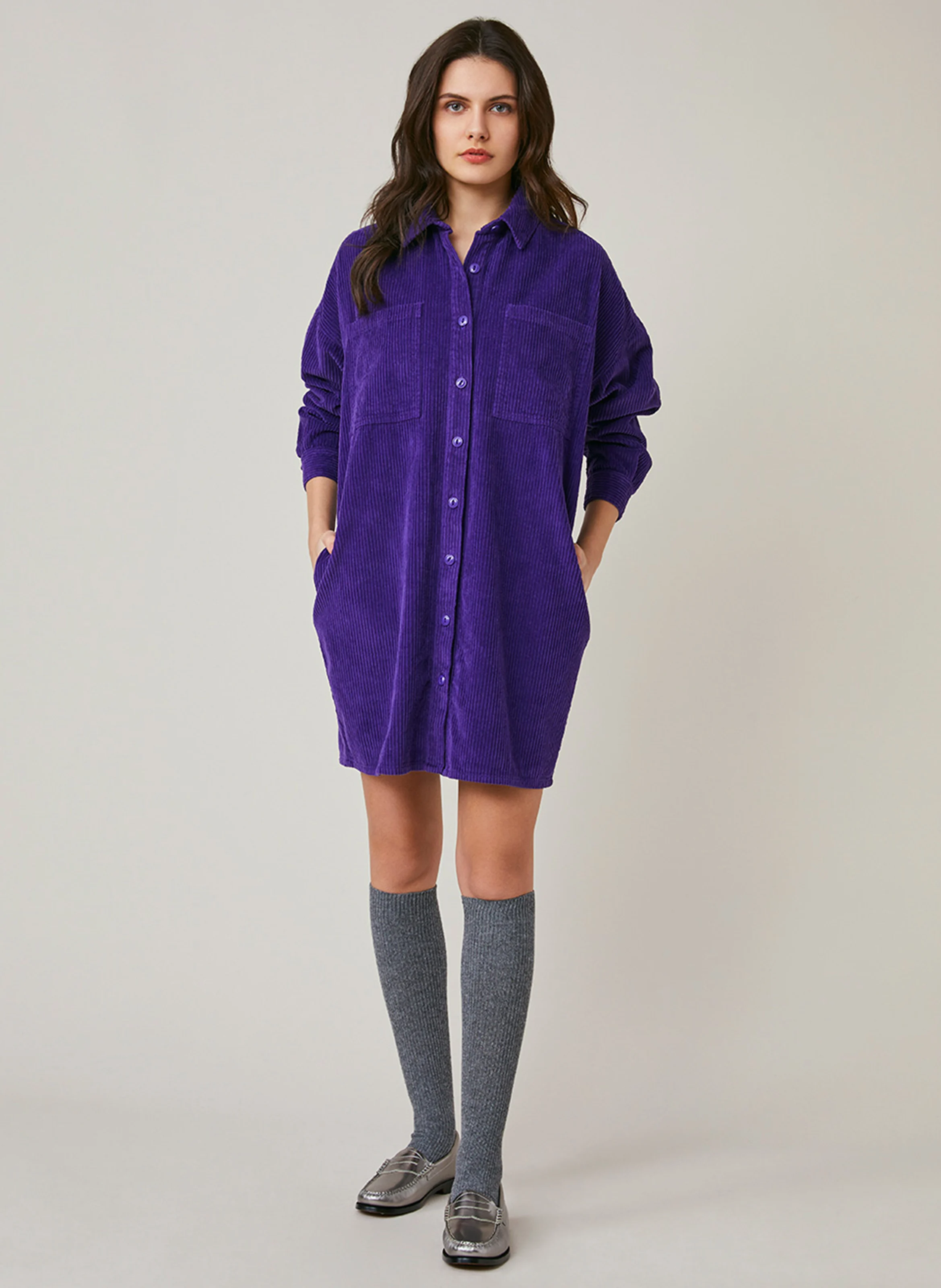 FRANE - Robe courte chemise col classique en coton | Violet