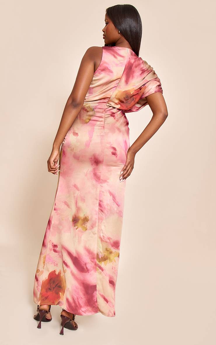 Rose Robe Longue Imprimée À Détail Froncé Asymétrique