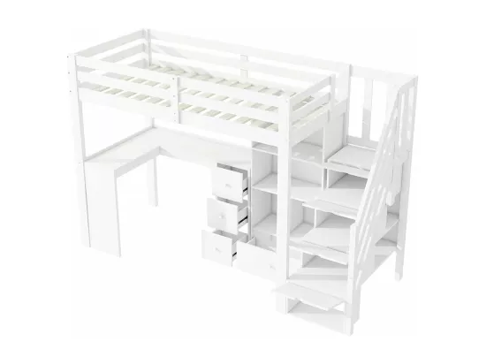 Lit mezzanine 90x200 cm, sans matelas, accoudoirs, bureau, tiroirs, armoires de rangement, marchepieds escamotables, étagères multiples, blanc