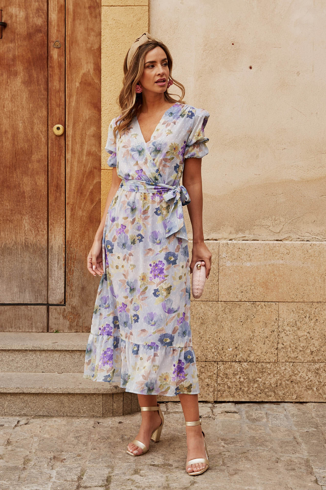 Vestido envelope com laço em azul claro - Azul