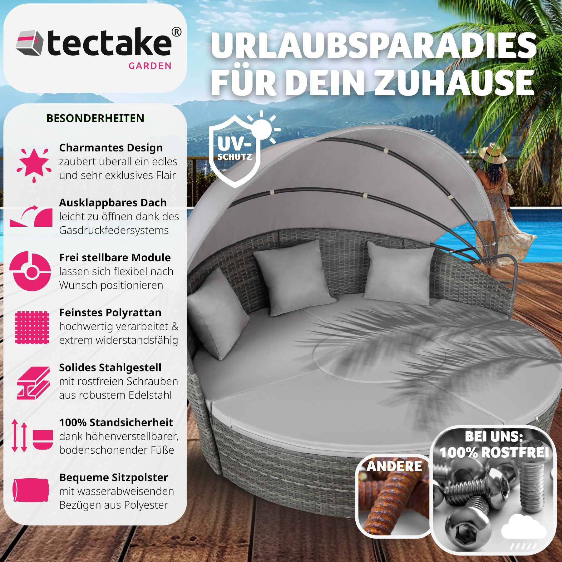 tectake® Rattan Sonneninsel, widerstandsfähig, klappbares Sonnendach, variabel aufstellbar