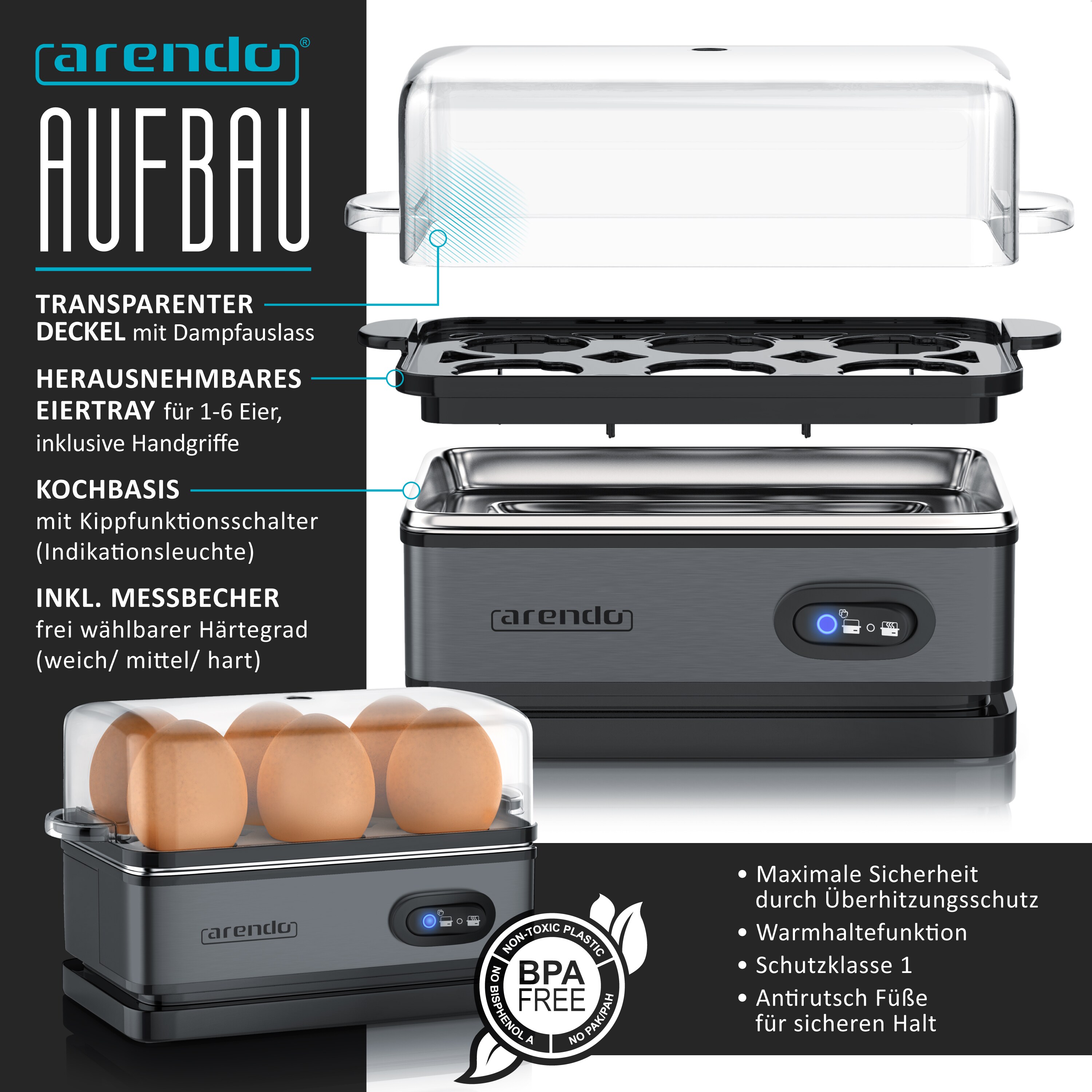Arendo Frühstücksset, 6er Eierkocher SIXCOOK, 1,5L Edelstahl Wasserkocher, Grau