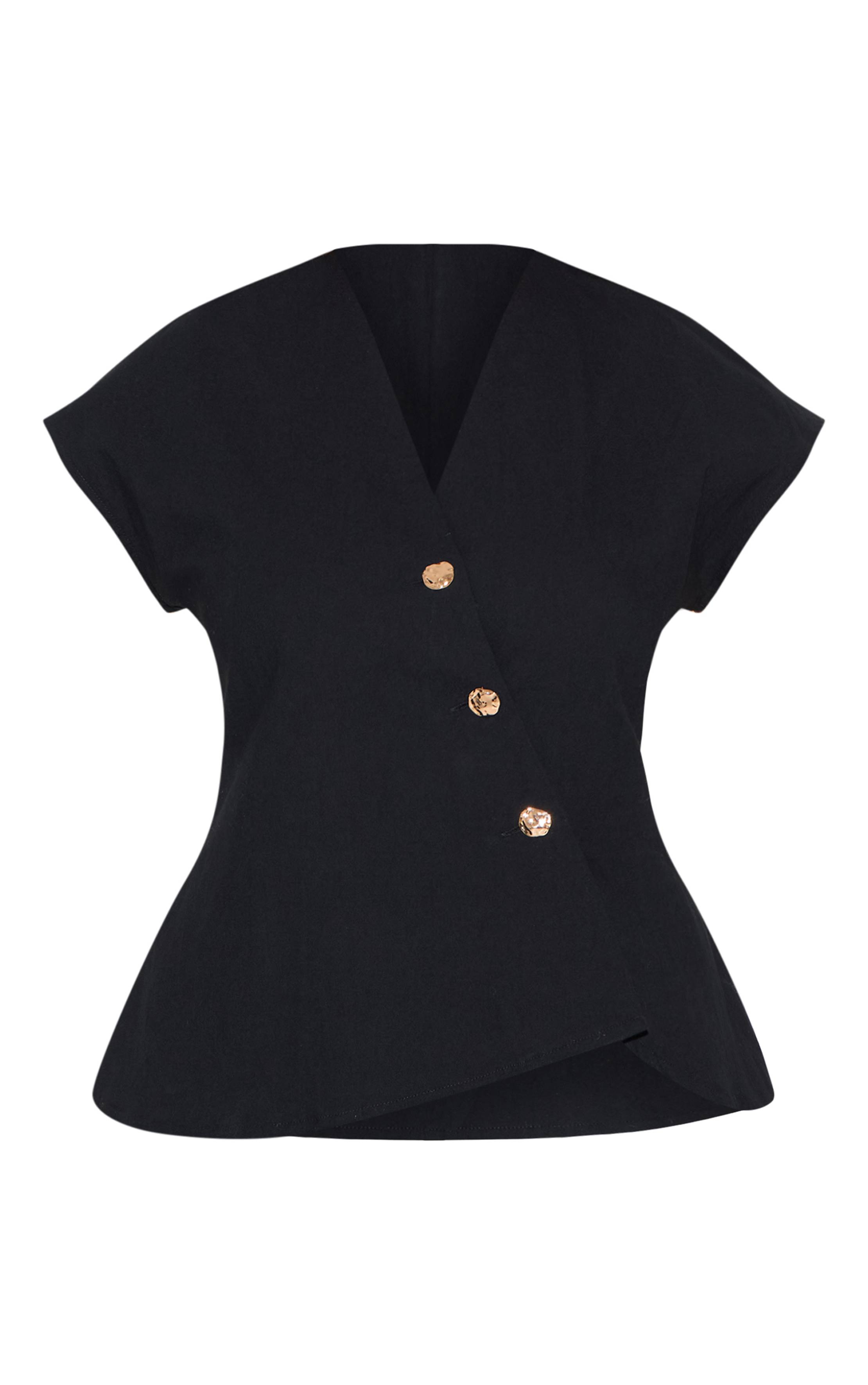 Noir Gilet Ajustable À Boutons Martelés Dorés Asymétrique Effet Lin Shape