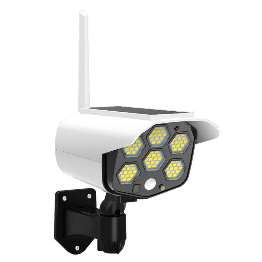 Dummy Outdoor Solar Sicherheitskamera Überwachungskamera Attrappe mit LED Beleuchtung und Fernbedienung inkl. Wandhalterung (IP66) - Weiss