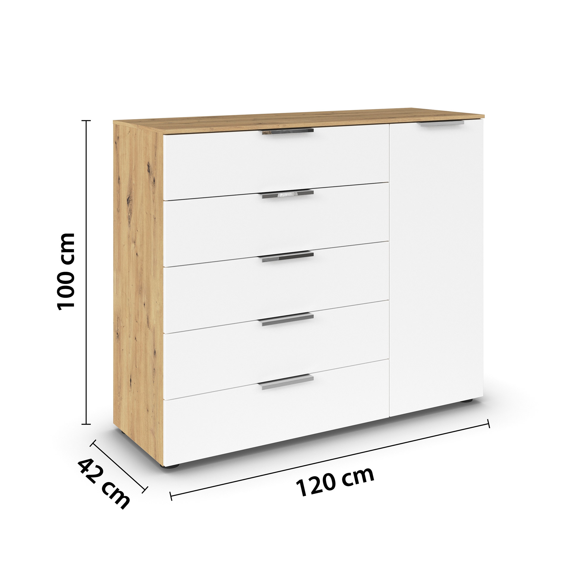 Kommode - Artisan Eiche-alpinweiß - Chromgriffe - 120 cm