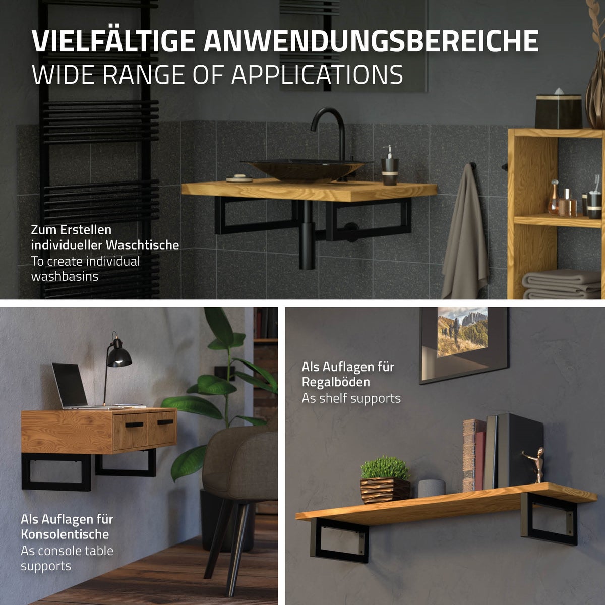 ML-Design 2-delige set wandgemonteerde wastafelconsoles, 500x150 mm, zwart, staal, design wastafeldrager, wandgemonteerde onderconsole voor wastafelblad, consoledrager, plankdrager, plankhouder, handdoekhouder