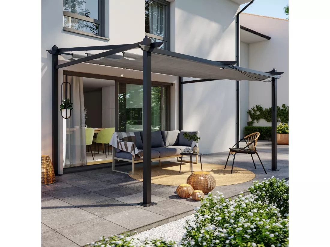 Tonnelle/Pergola mural en aluminium 3x4m toile coulissante rétractable - Gris - LISBOA