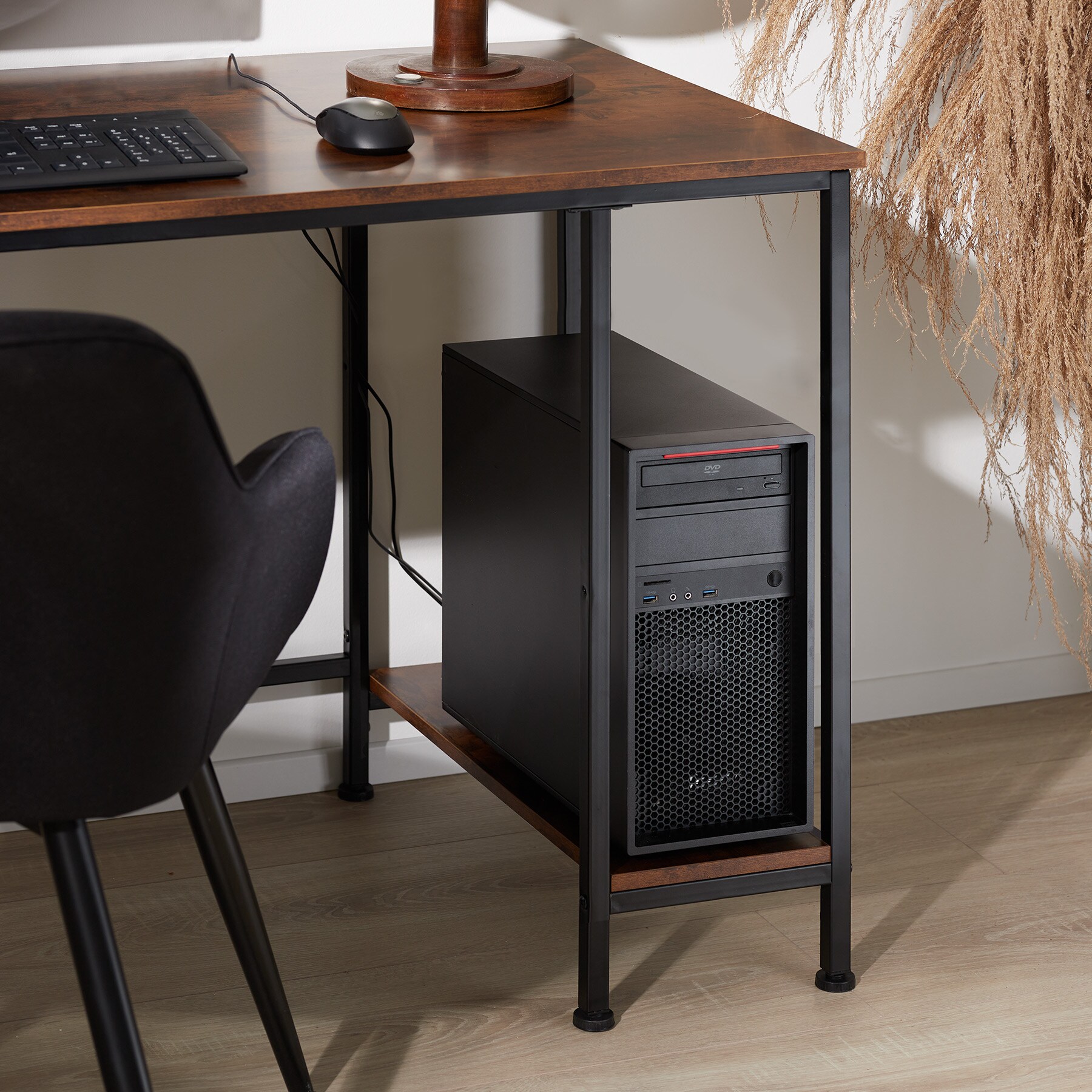 tectake® Computer-Schreibtisch, Industrial Style, Seitenregal mit 2 Ablagefächern, 120 x 60 x 75,5 cm