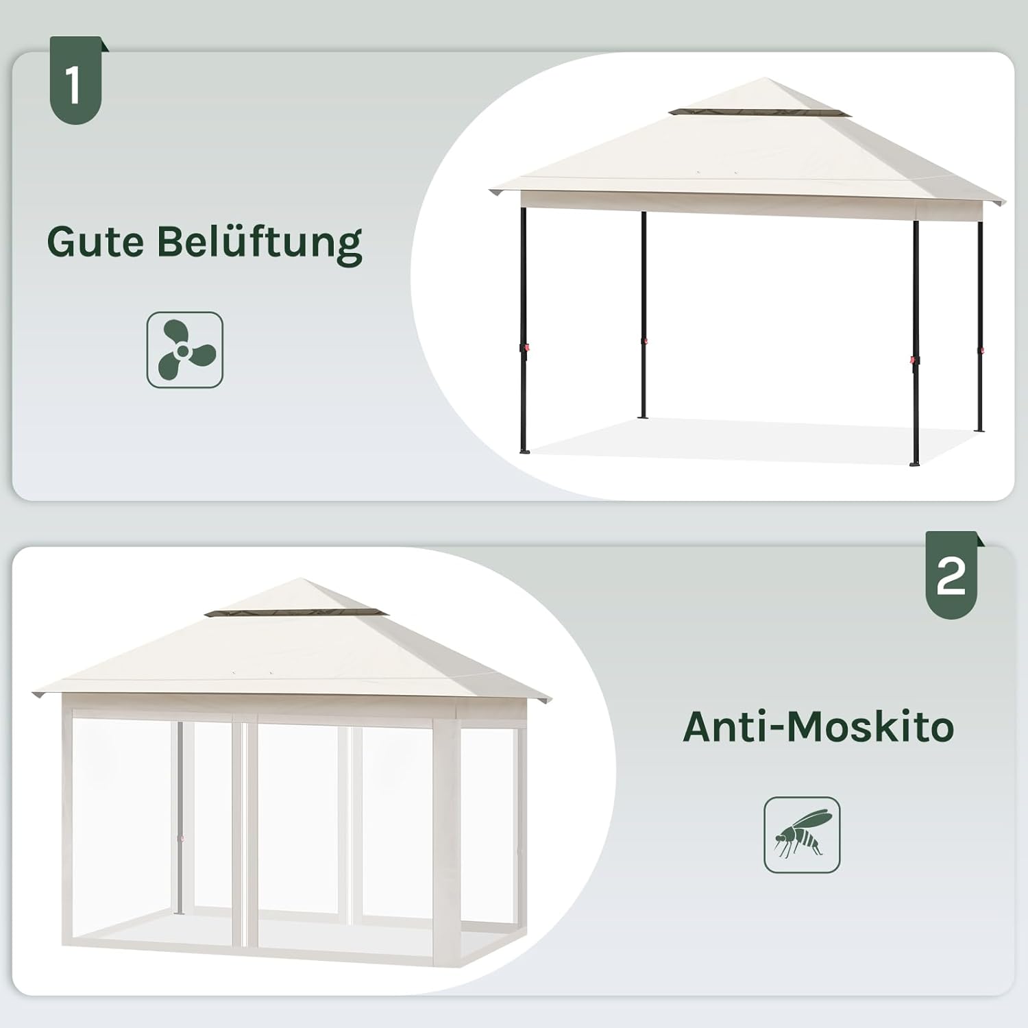 WOLTU Pavillon 3x3 m, Faltpavillon mit Moskitonetz, Partyzelt wasserdicht stabil, höhenverstellbares Partyzelt UV-Schutz, Gartenpavillon mit 4 Seitenteilen, Festzelt mit Tragtasche, Beige