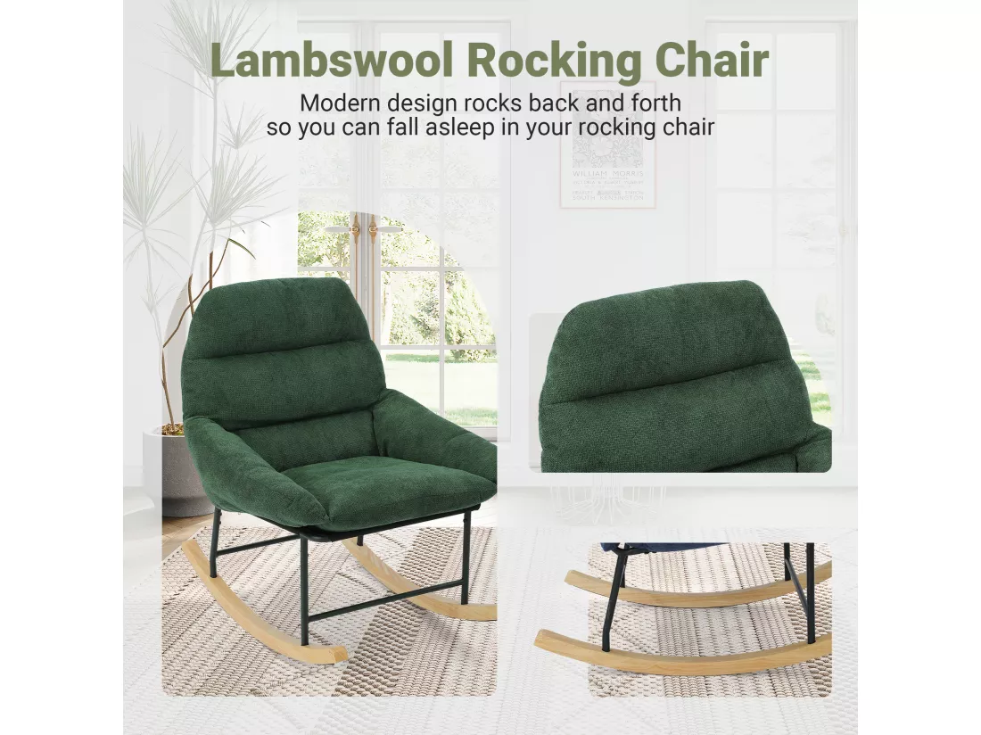 Fauteuil à bascule avec Coussin et pieds en bois massif, en tissu chenille vert, Allaitement, Profondeur d'assise 52cm, pour Chambre Salon